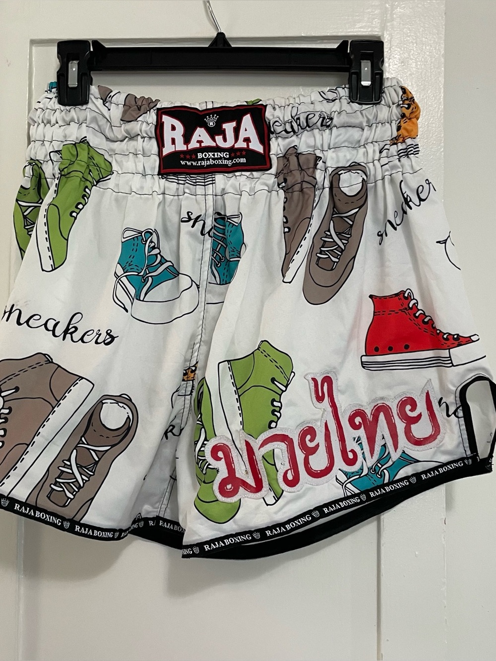 Raja Boxing Muay Thai White Athletic boxing Shorts with Multicolor Sneaker Print